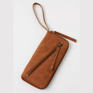 FREE PEOPLE Distressed Vegan Wallet, Brown, Slim Design, Wrist Strap Attached